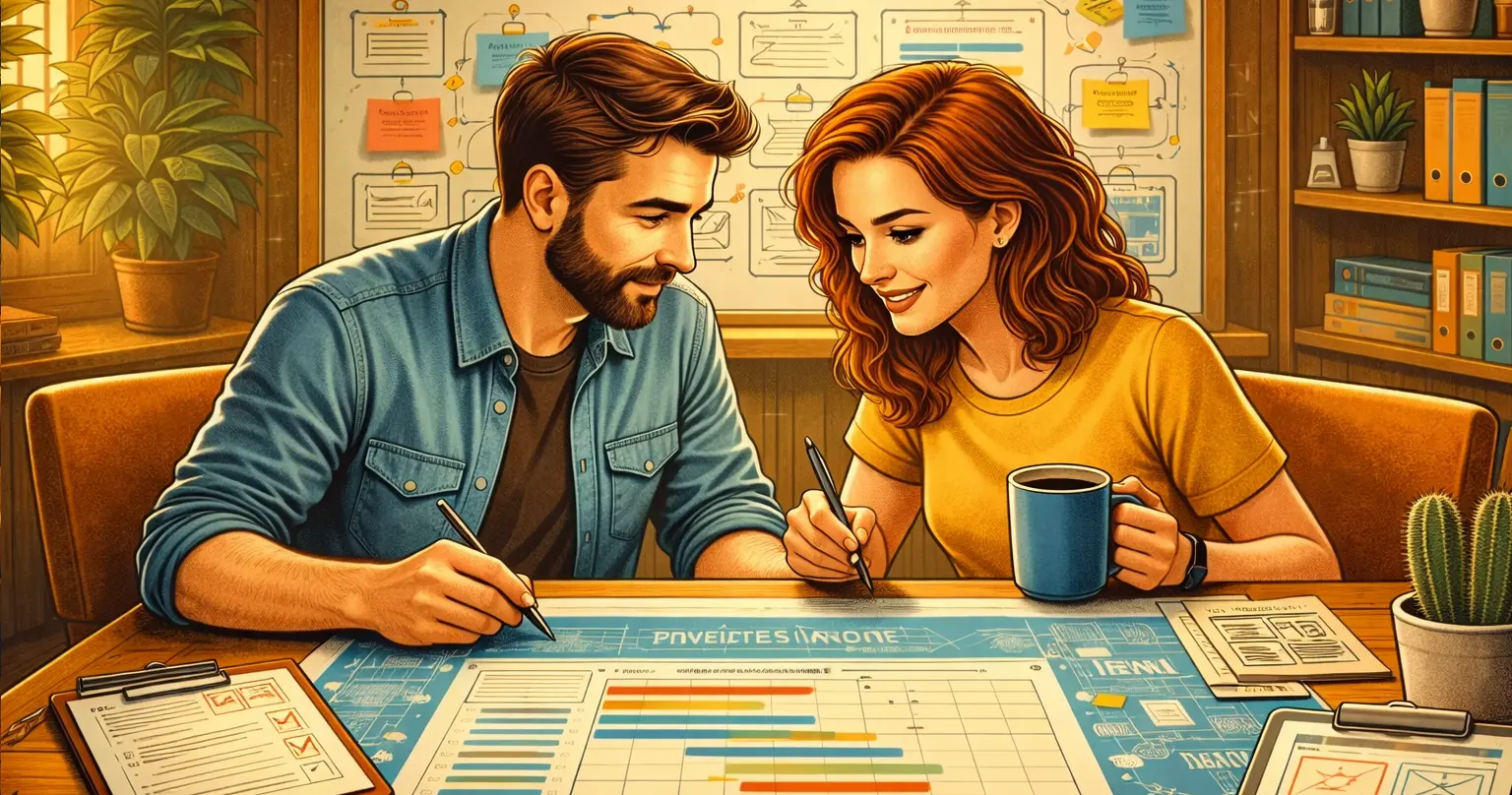 Two people making a website project plan.